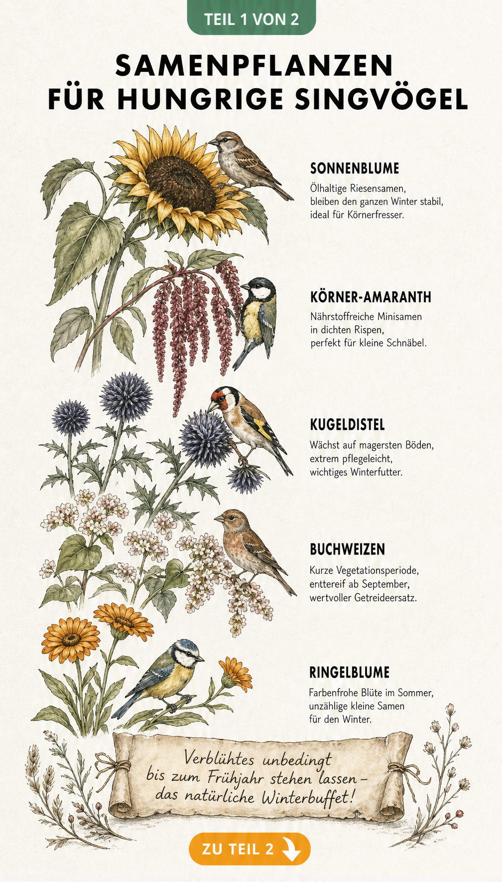 Botanische Illustration von Samenpflanzen wie Sonnenblume, Amaranth und Distel mit fressenden Singvögeln