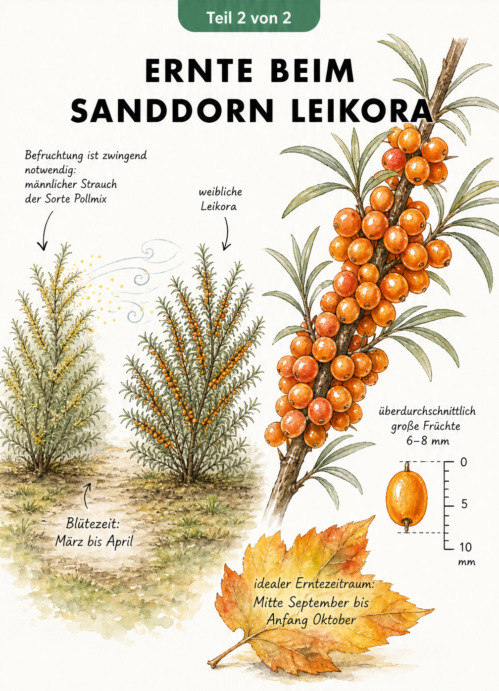 Illustration der Befruchtung und Ernte beim Sanddorn Leikora mit großen Beeren