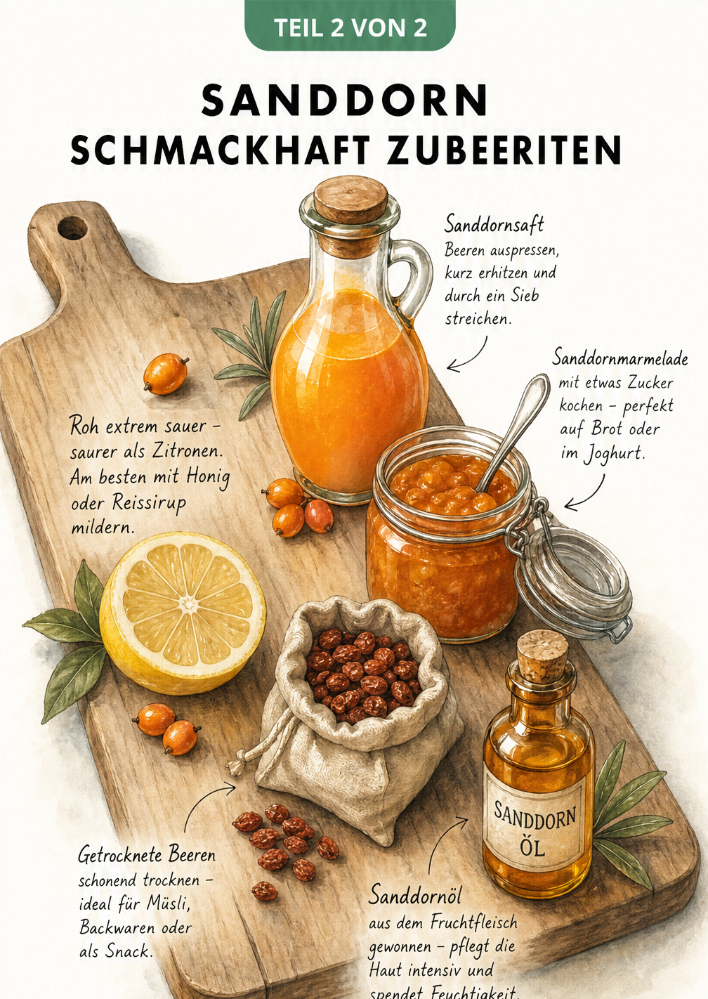 Illustration eines rustikalen Küchenbretts mit Sanddornbeeren, Zitrone, Sanddornsaft, Marmelade und Sanddornöl zur Weiterverarbeitung.
