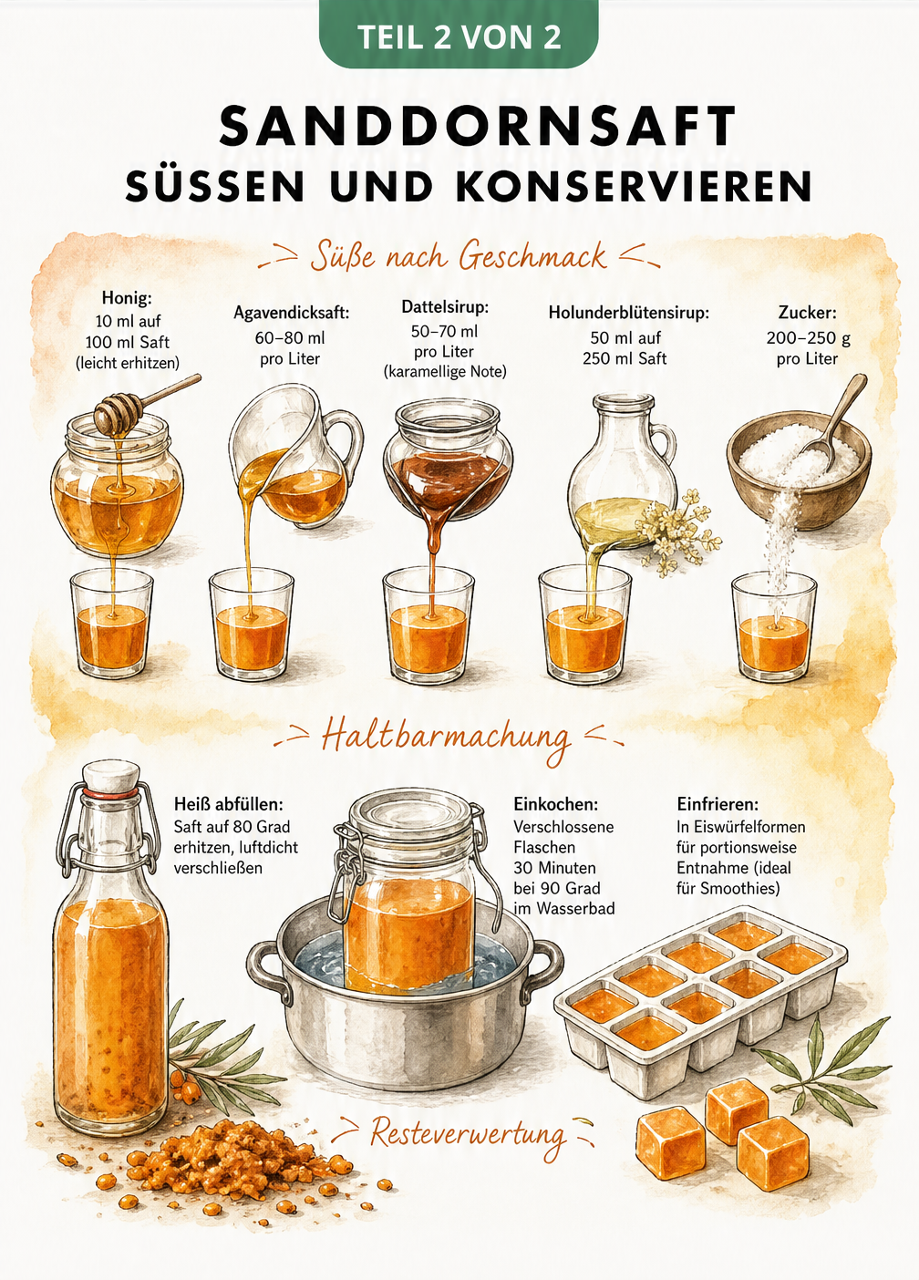 Illustration zum Süßen und Haltbarmachen von Sanddornsaft mit Honig, Zucker und verschiedenen Konservierungsmethoden