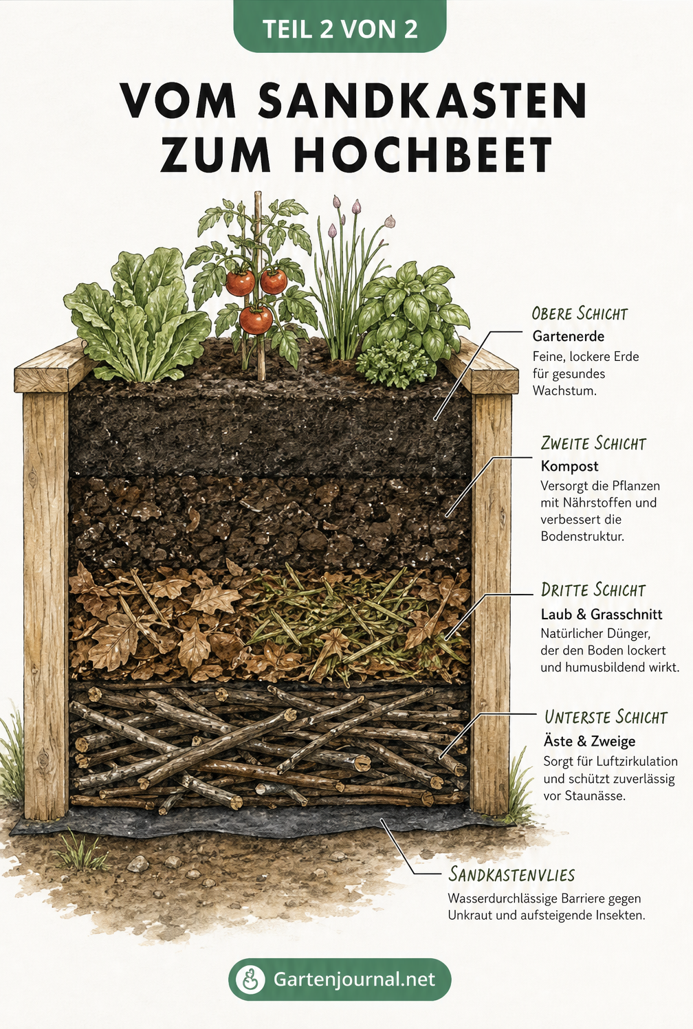 Schnittzeichnung eines Sandkastens als Hochbeet mit vier Schichten: Unkrautvlies, Drainageschicht aus Ästen, Kompost und Gartenerde mit Gemüsepflanzen.