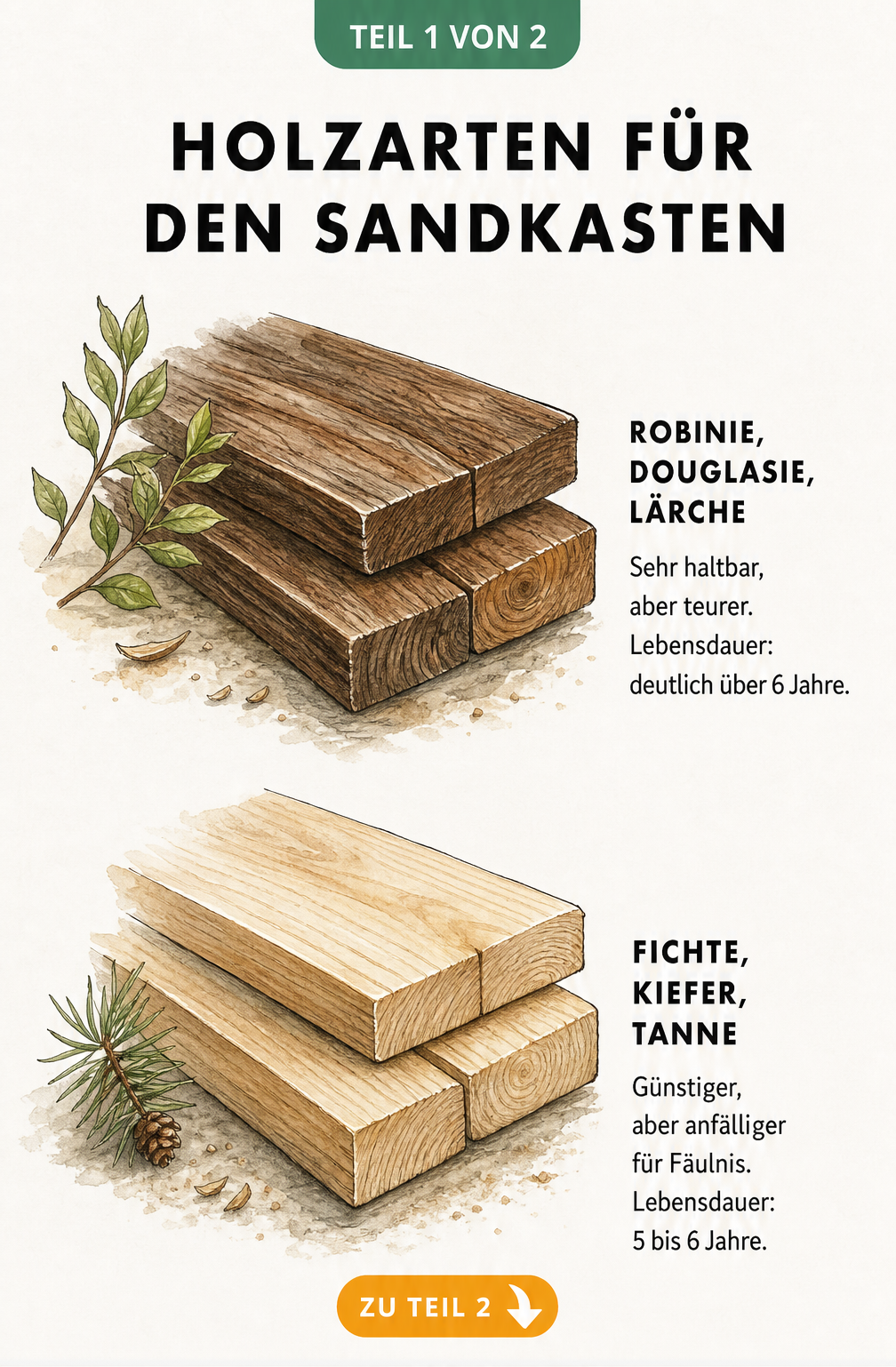 Illustration verschiedener Holzarten für den Sandkasten mit Angaben zur Lebensdauer