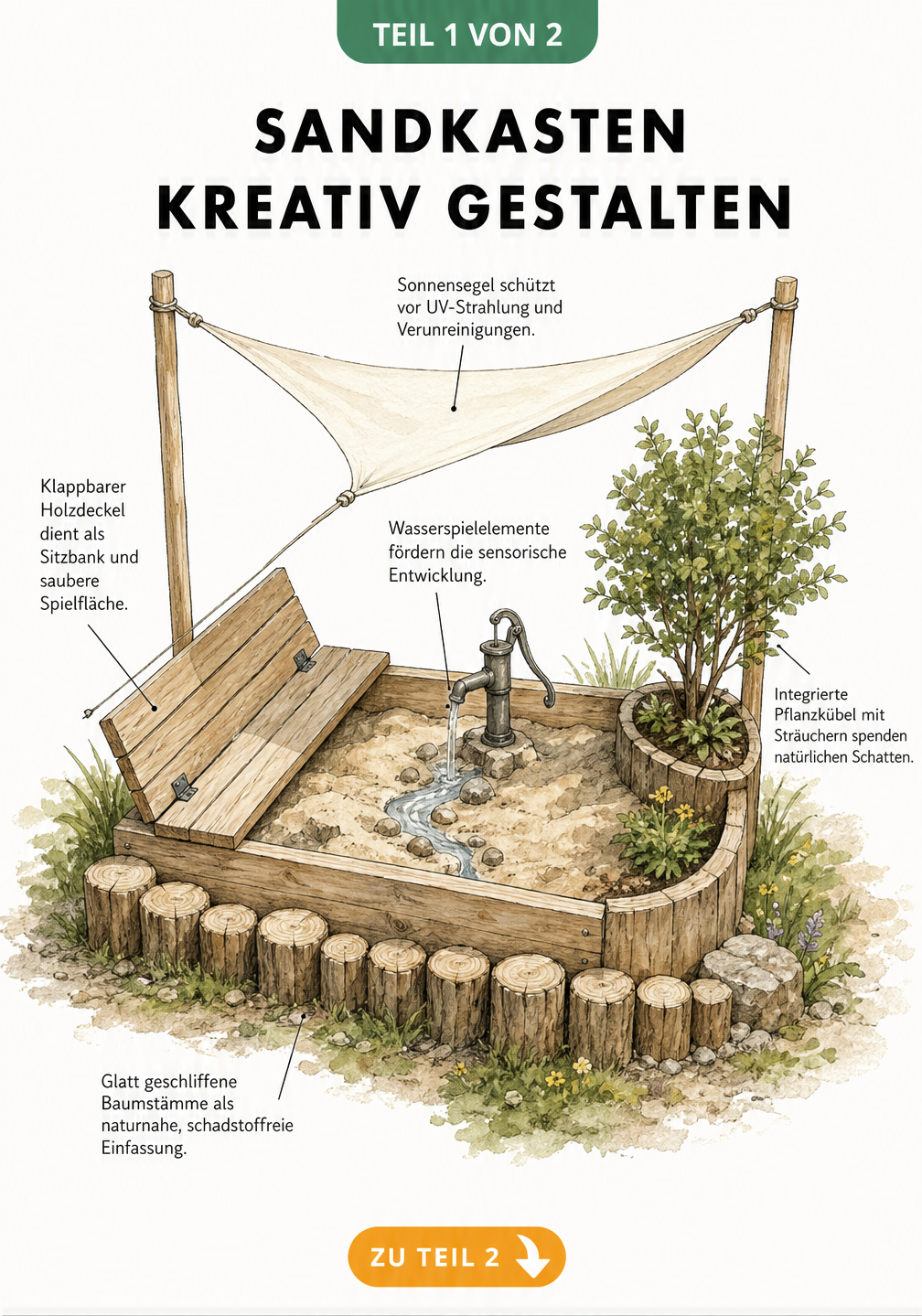 Isometrische Illustration eines Sandkastens mit klappbarem Holzdeckel, Pflanzkübel, Baumstamm-Einfassung, Wasserpumpe und Sonnensegel