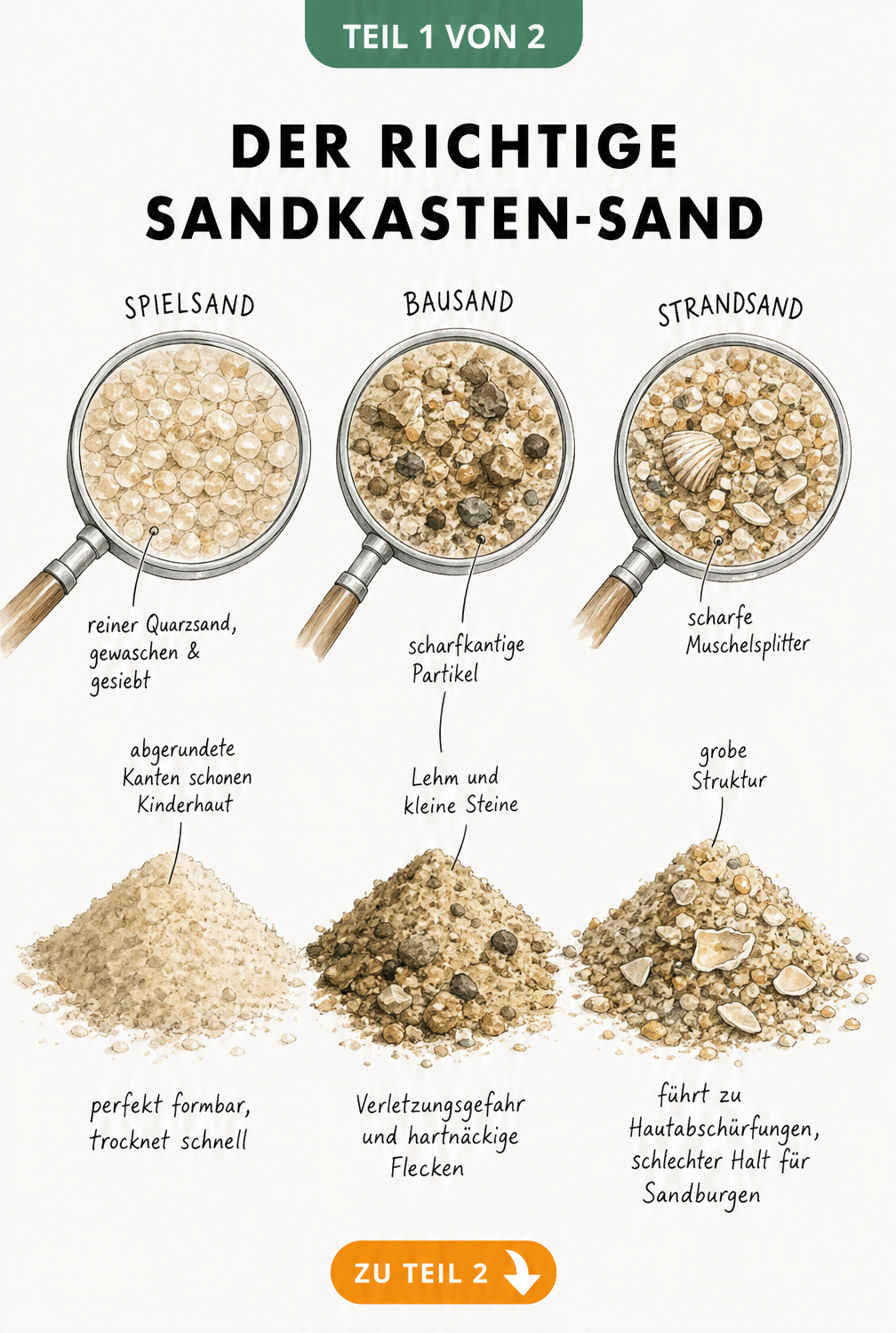 Illustration von Spielsand, Bausand und Strandsand unter der Lupe mit Erklärungen zu Körnung und Eignung für den Sandkasten