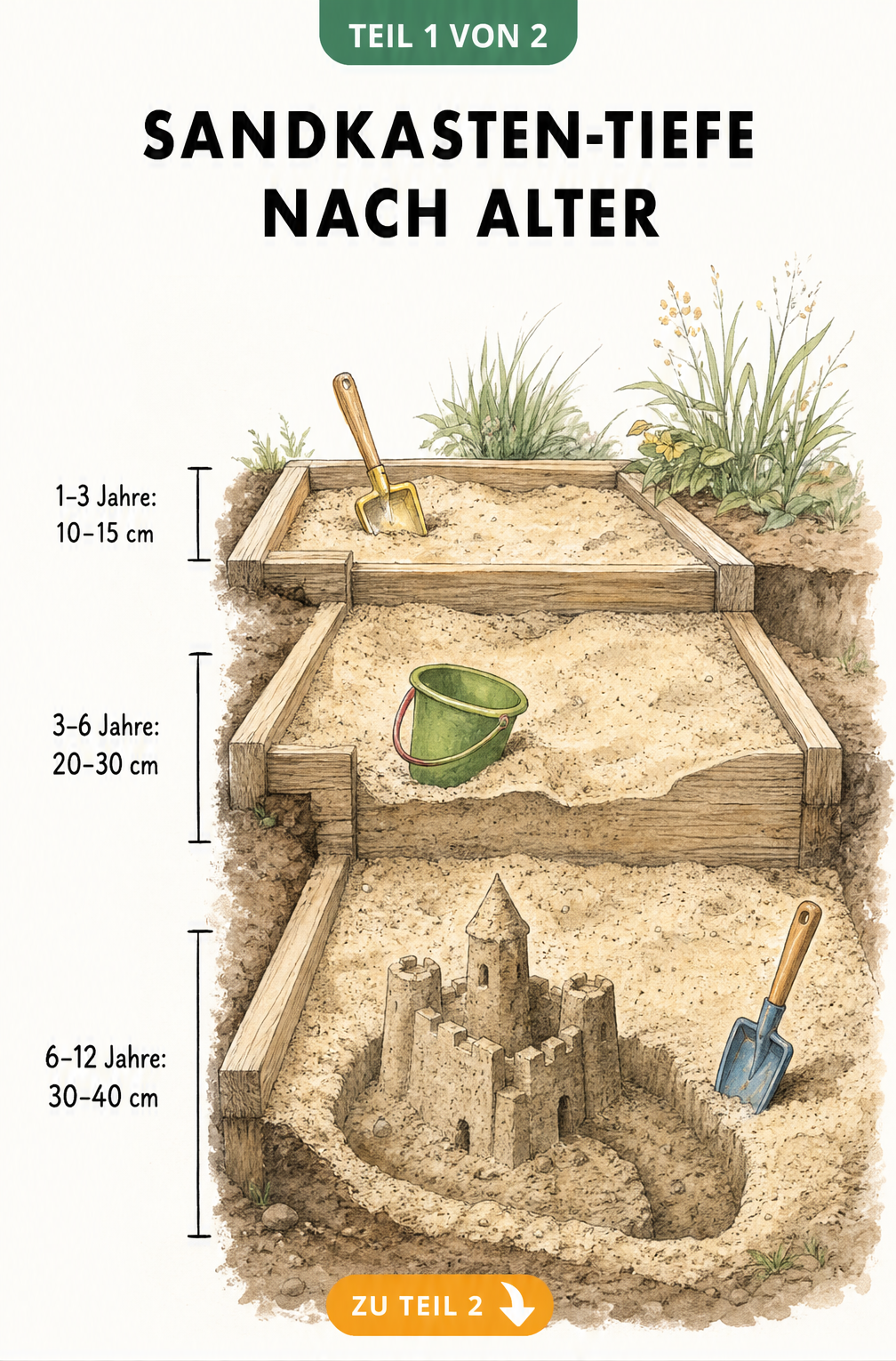 Querschnitt durch drei Sandkästen mit unterschiedlichen Tiefen für verschiedene Altersgruppen: 10-15 cm für 1-3 Jahre, 20-30 cm für 3-6 Jahre und 30-40 cm für...