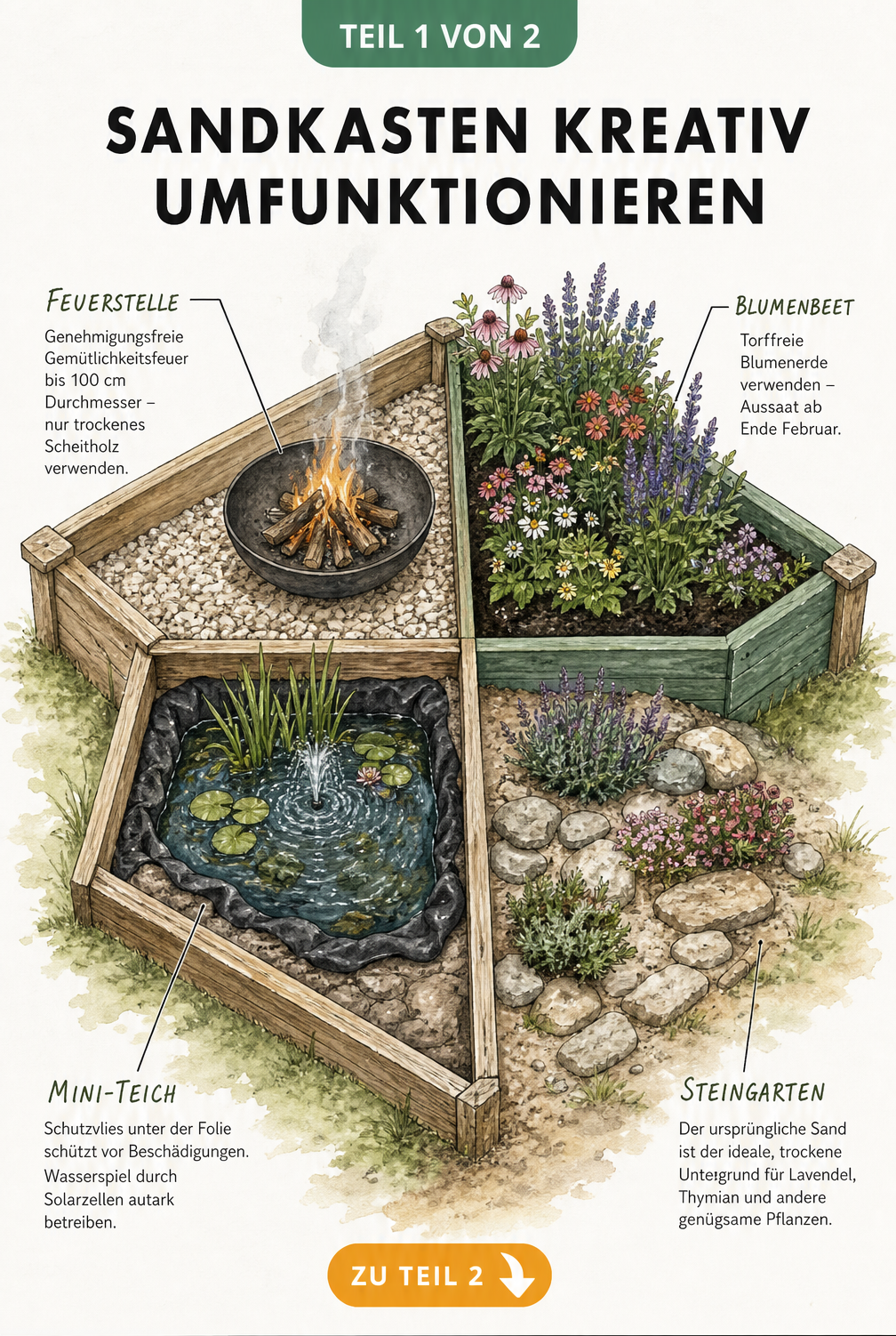 Illustration eines quadratischen Sandkastens, der in vier Bereiche unterteilt ist: Feuerstelle, Blumenbeet, Miniteich und Steingarten.