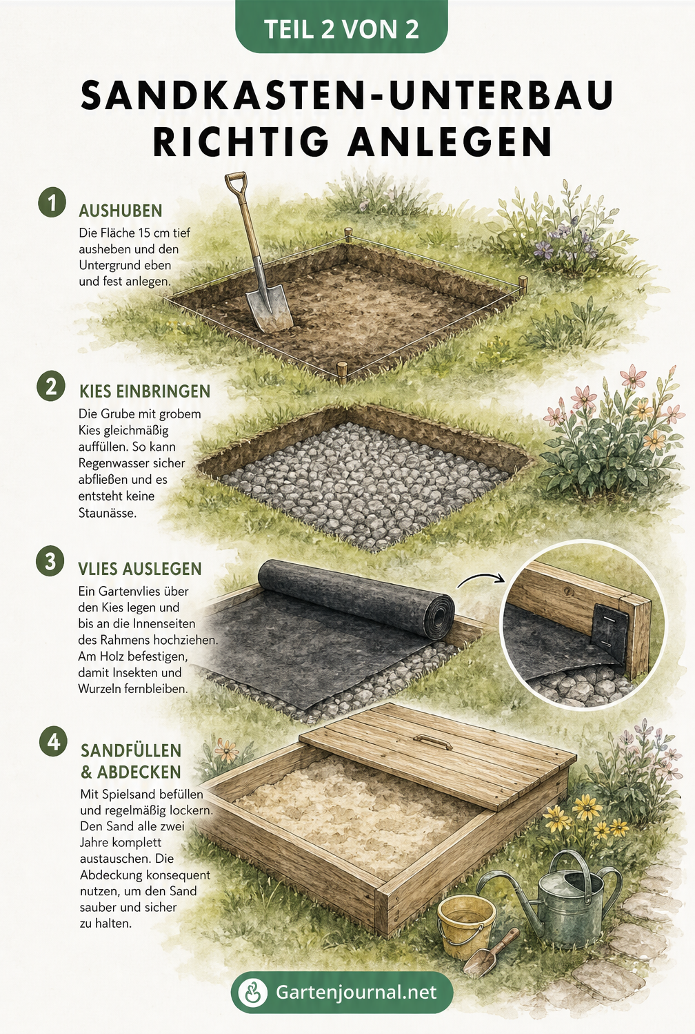 Aquarell-Illustration der vier Bauphasen eines Sandkasten-Unterbaus im Garten