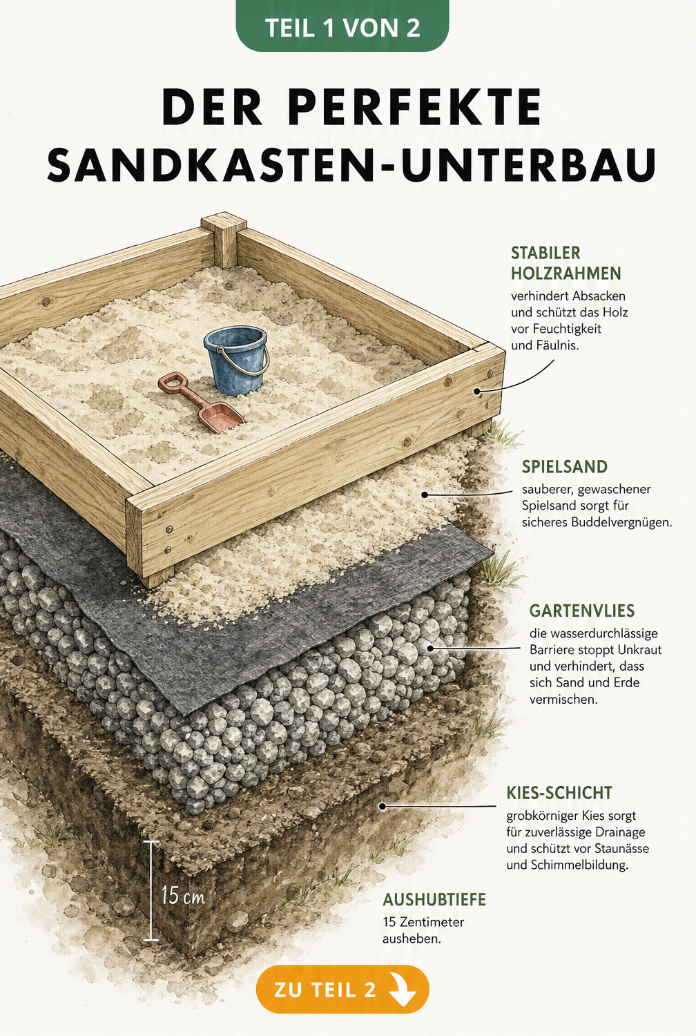 3D-Querschnitt eines Sandkasten-Unterbaus mit Schichten aus Erde, Kies, Gartenvlies und Spielsand
