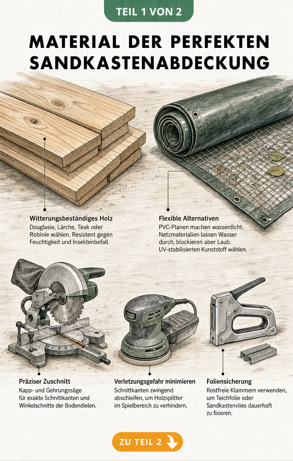 Illustration von Materialien und Werkzeugen für eine Sandkastenabdeckung, darunter Holzbretter, Plane, Säge, Schleifgerät und Tacker.