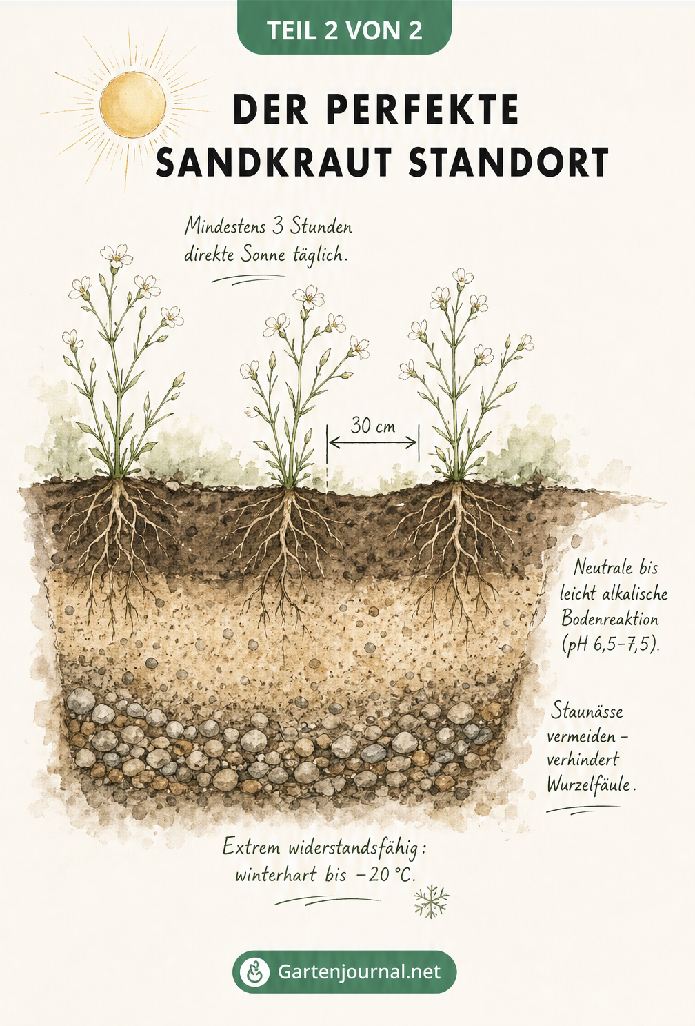 Querschnitt durch den Boden mit Sandkraut-Pflanzen, Drainage-Schicht und Angaben zu Pflanzabstand, Sonnenlicht und Winterhärte