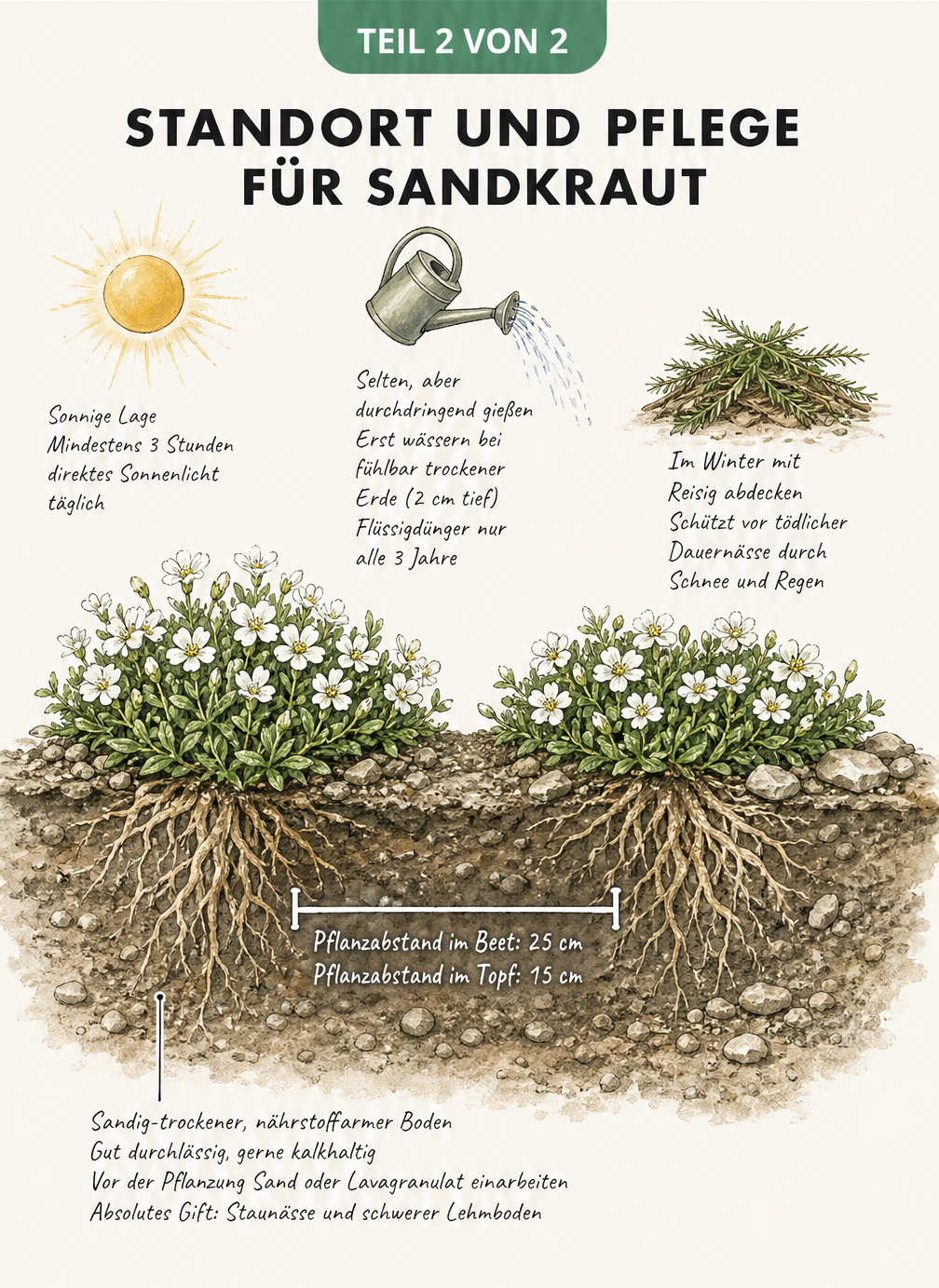 Querschnitt-Grafik zu Standort und Pflege von Sandkraut mit Infos zu Sonne, Gießen und Boden