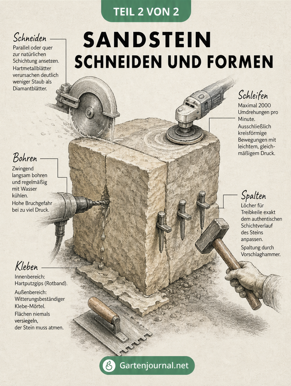 Illustration zur Bearbeitung von Sandstein: Schneiden mit Diamantsägeblatt, Schleifen, Bohren und Spalten mit Werkzeugen.
