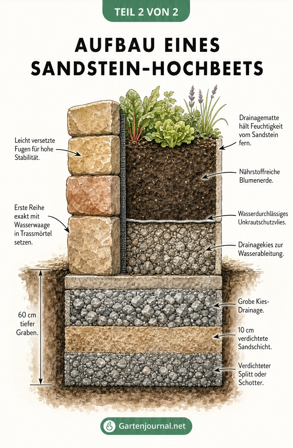 Querschnitt-Zeichnung eines Sandstein-Hochbeets mit detailliertem Aufbau von Fundament, Mauerwerk, Drainage und Erdschichten
