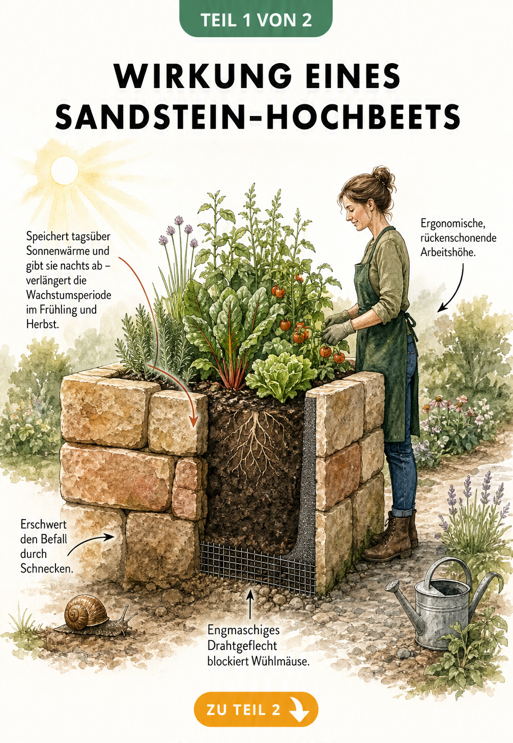 Illustration eines bepflanzten Sandstein-Hochbeets mit Erklärungen zu Wärmespeicherung, Arbeitshöhe und Schutz vor Schnecken und Wühlmäusen