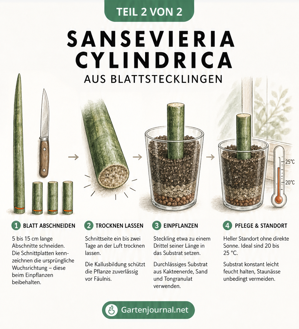 Vier Schritte zur Vermehrung von Sansevieria cylindrica durch Blattstecklinge: Schneiden, Trocknen, Einpflanzen und Standortwahl