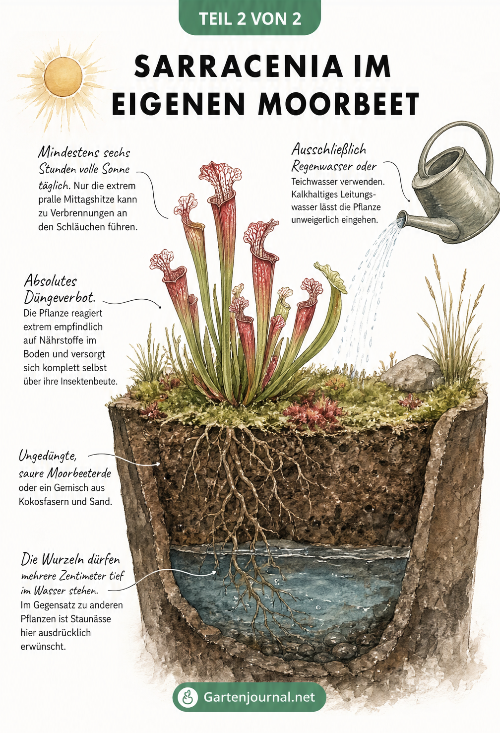 Querschnitt eines Moorbeets mit einer Sarracenia, der die Erdschichten und den Wasserstand zeigt