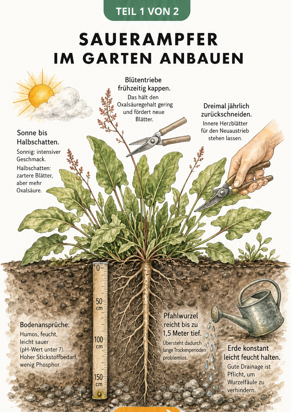 Botanische Schnittdarstellung einer Sauerampfer-Pflanze mit Wurzelwerk, Blattwerk und Pflegehinweisen zu Standort und Boden