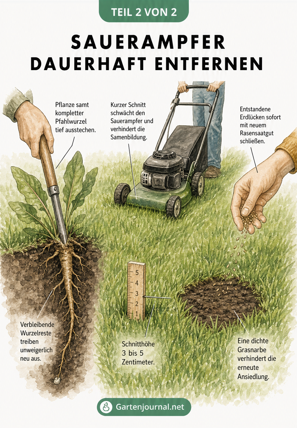Illustration der drei Schritte zur Entfernung von Sauerampfer: Ausstechen der Wurzel, tiefes Mähen und Nachsäen von Rasen