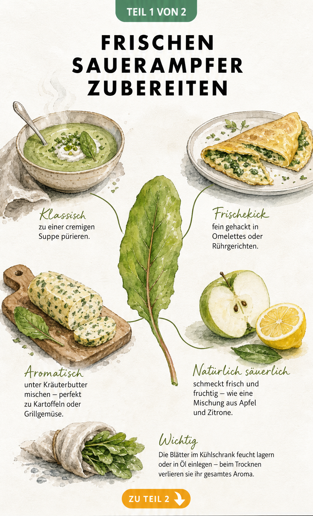 Illustration von frischem Sauerampfer mit Zubereitungsideen wie Suppe, Omelette und Kräuterbutter