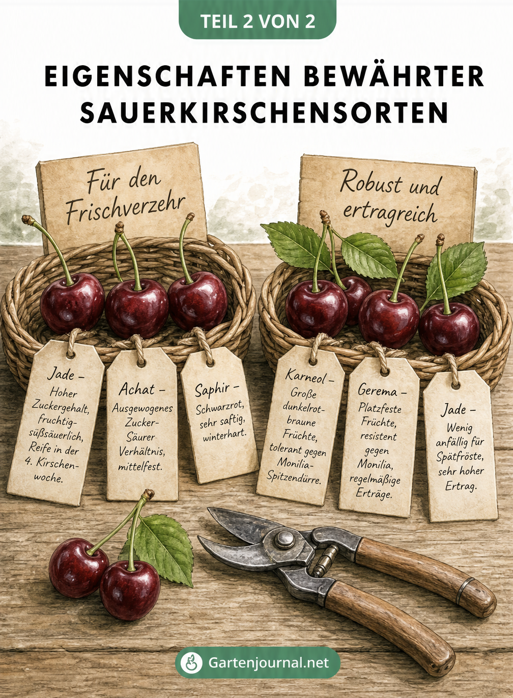 Zwei Weidenkörbe mit Sauerkirschen auf einem Holztisch. Ein Korb zeigt Sorten für den Frischverzehr wie Jade und Achat, der andere robuste Sorten wie Karneol...