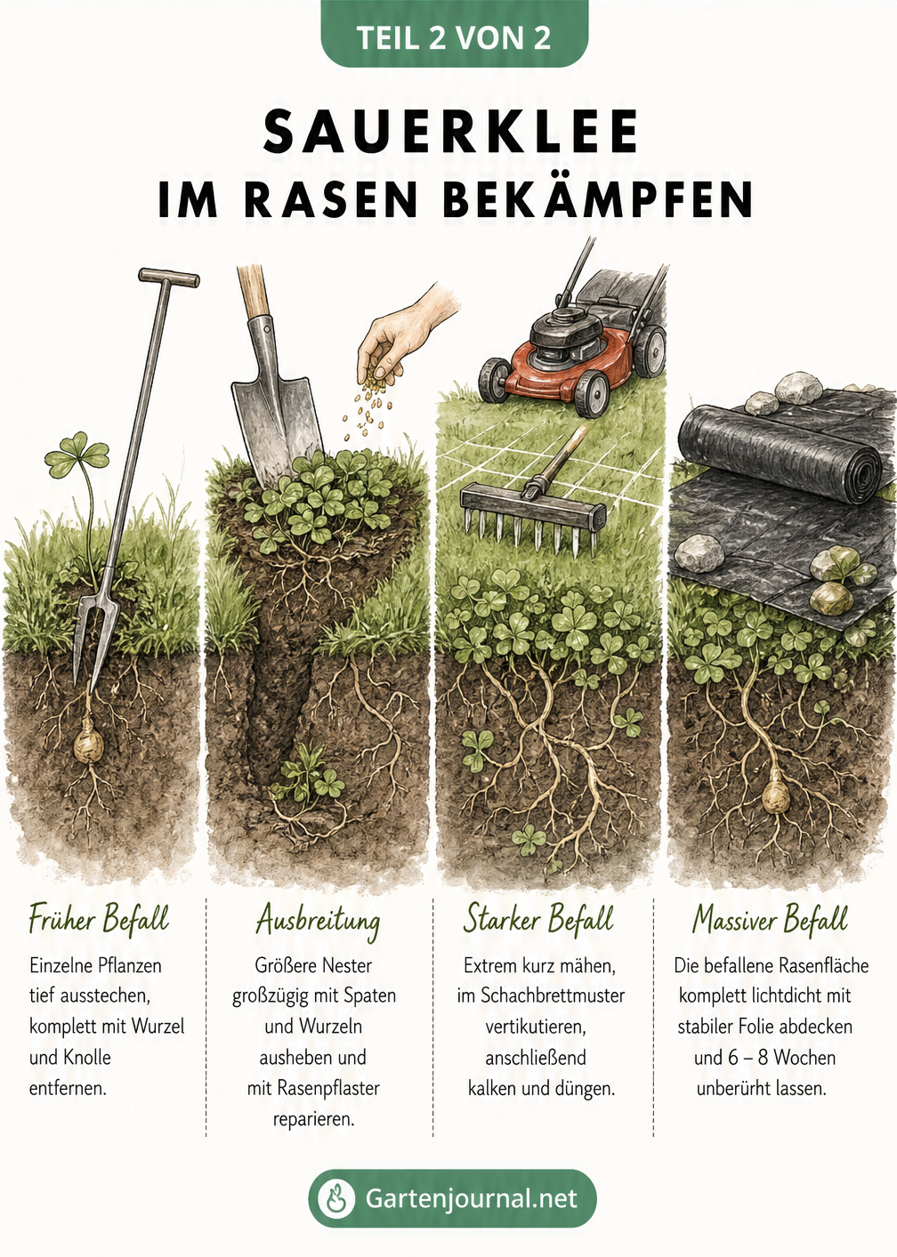 Illustration verschiedener Befallsstadien von Sauerklee im Rasen und die passenden Bekämpfungsmethoden