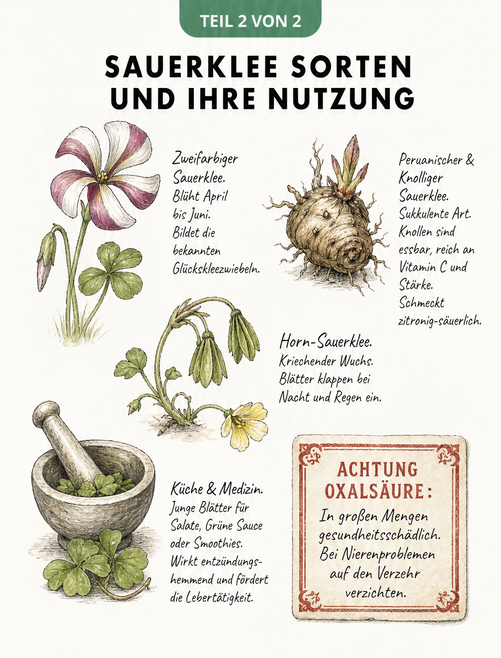 Übersicht verschiedener Sauerklee-Sorten mit Details zu Blüten, essbaren Knollen und Blättern