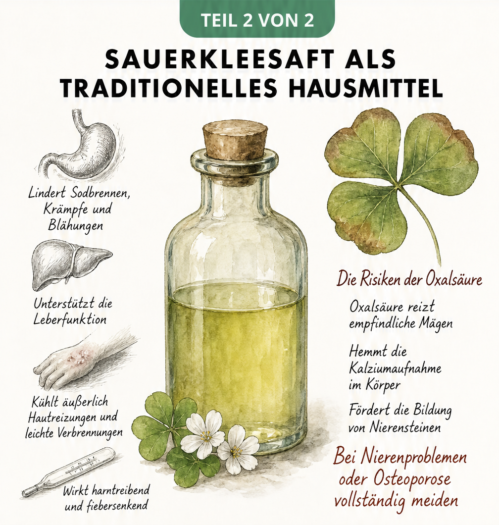 Illustration einer antiken Apothekerflasche mit Sauerkleesaft, Anwendungsgebieten und Warnhinweisen zur Oxalsäure