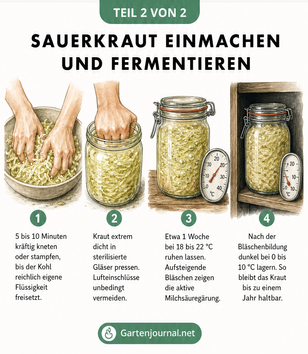 Vier illustrierte Szenen zur Sauerkrautherstellung: Kneten, Abfüllen, Fermentieren und Lagern
