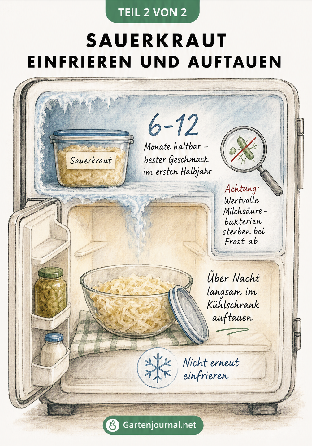 Grafik zur Haltbarkeit und zum Auftauen von Sauerkraut: 6-12 Monate im Gefrierfach haltbar, langsames Auftauen im Kühlschrank empfohlen.