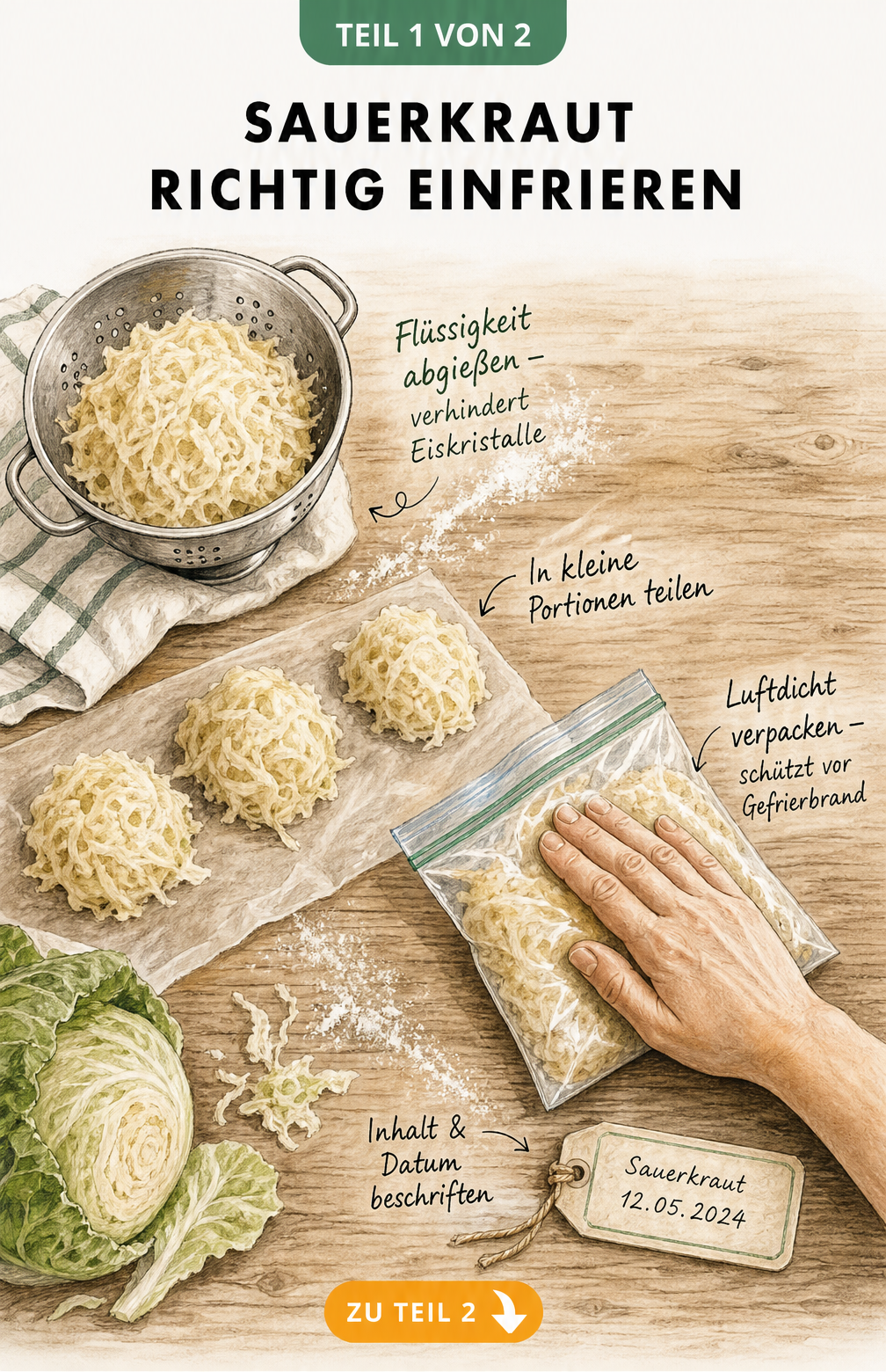 Illustration der vier Schritte zum Einfrieren von Sauerkraut: Flüssigkeit abgießen, in Portionen teilen, luftdicht verpacken und beschriften.