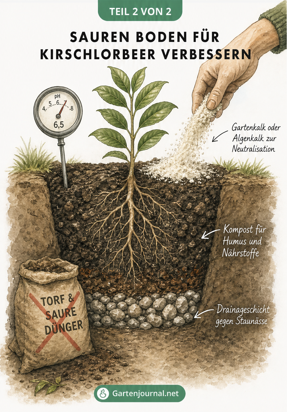 Querschnitt eines Pflanzlochs für Kirschlorbeer mit Drainageschicht, Kompost und Gartenkalk zur Bodenverbesserung.