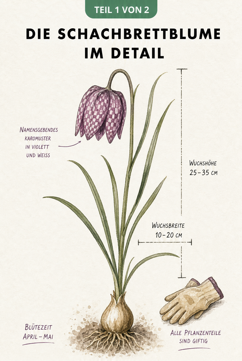 Botanische Illustration der Schachbrettblume mit Zwiebel, Blättern und Glockenblüte im Vintage-Stil