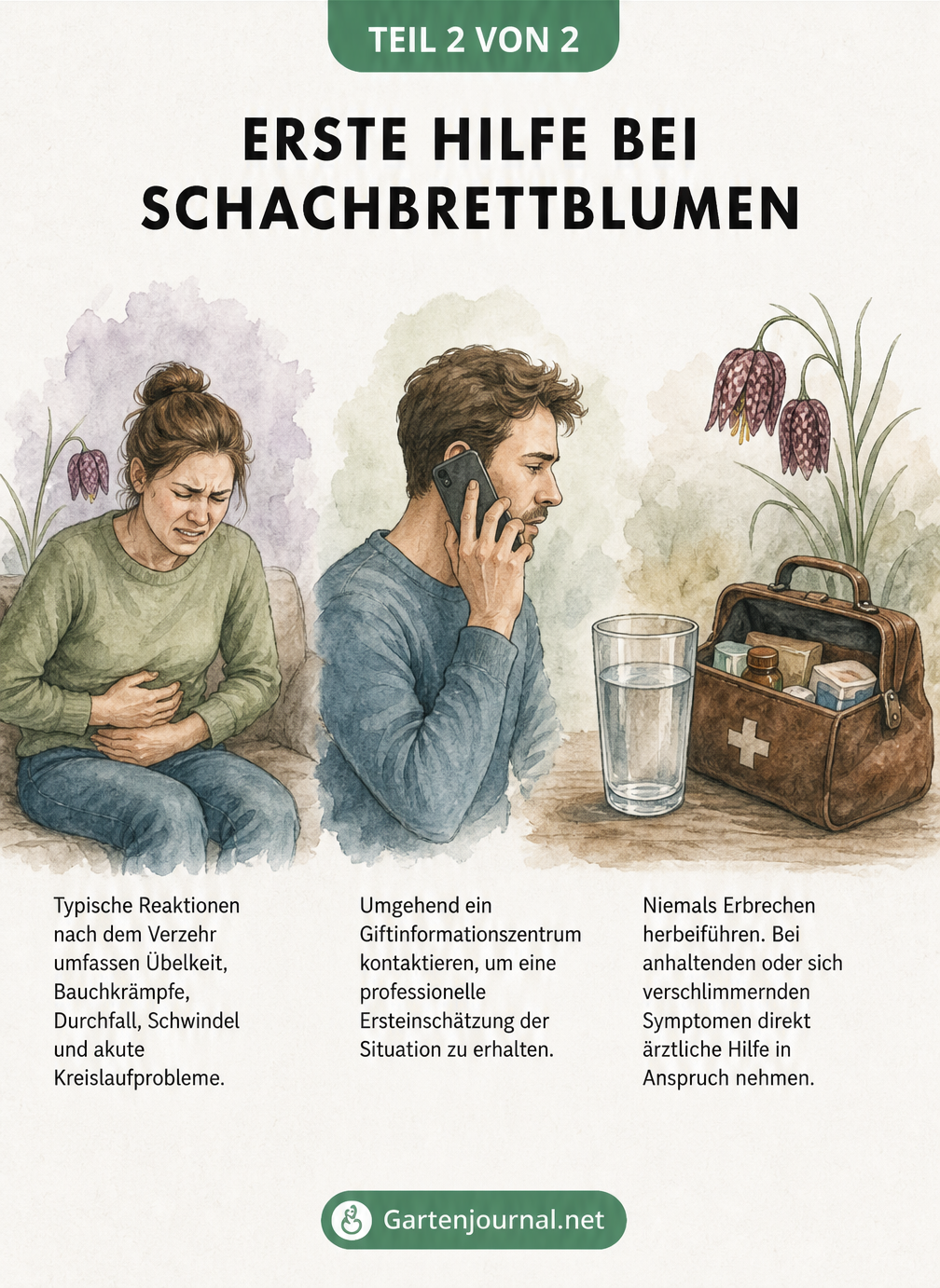 Illustration der Symptome und Ersten Hilfe bei einer Vergiftung durch die Schachbrettblume