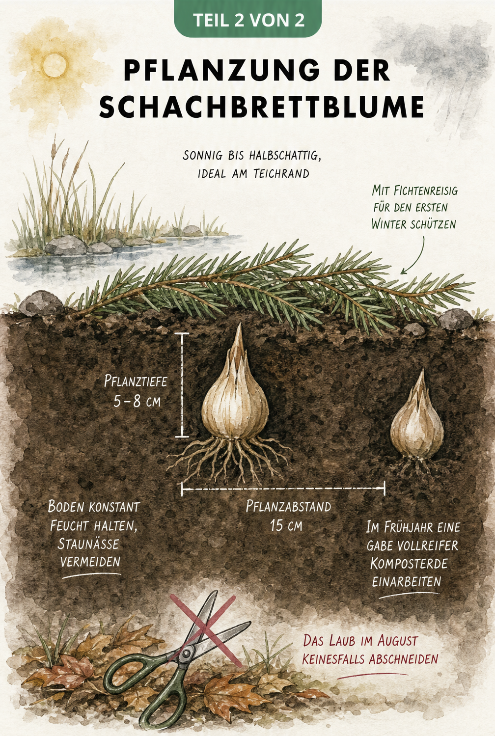 Querschnitt eines Gartenbeets mit gepflanzter Schachbrettblumen-Zwiebel, Pflanztiefe und Fichtenreisig