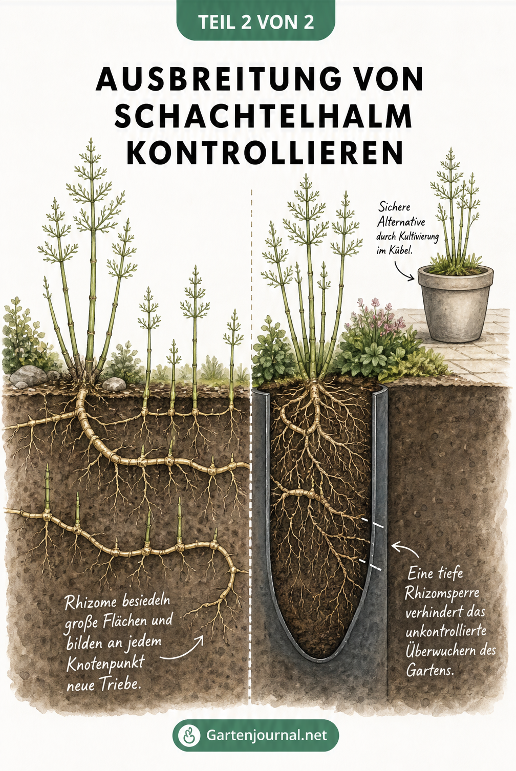 Gartenplanungsskizze zur Kontrolle von Schachtelhalm mit Rhizomsperre und Kübelpflanzung