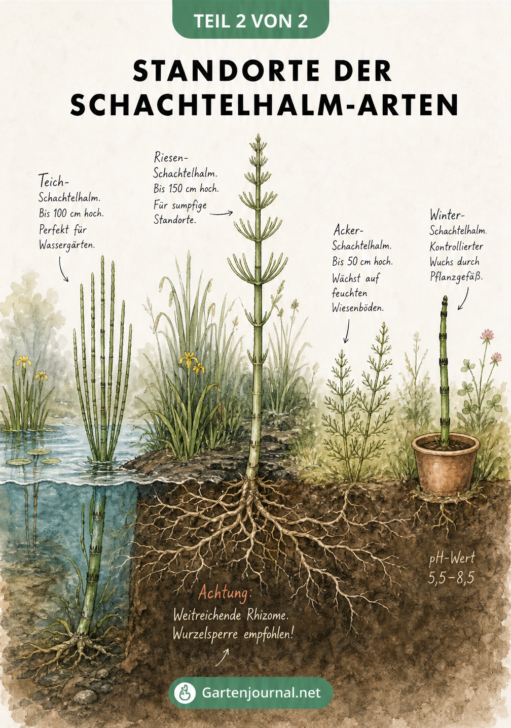 Landschaftsquerschnitt mit Teich, Sumpf und Wiese, der die idealen Standorte für Schachtelhalm-Arten zeigt