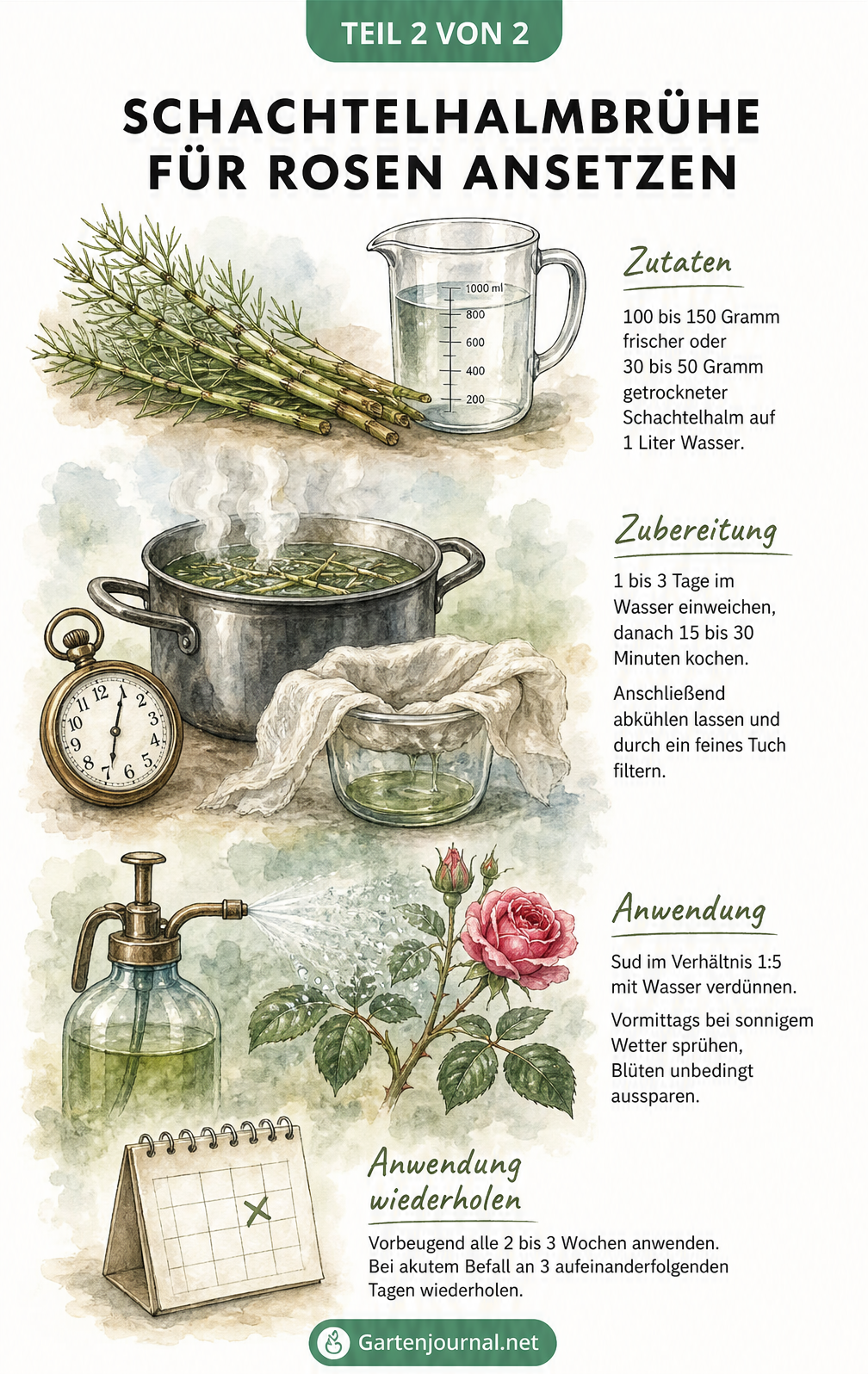 Aquarell-Illustration zur Herstellung von Schachtelhalmbrühe: vom Einweichen der Stängel über das Kochen bis zum Sprühen auf Rosen.