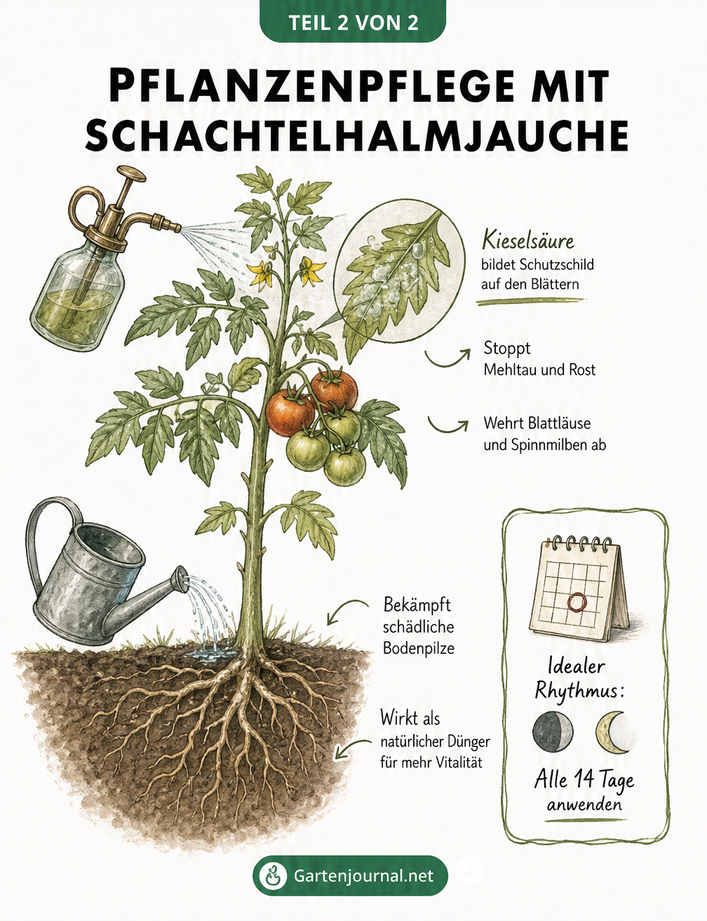 Illustration zur Anwendung von Schachtelhalmjauche: Besprühen der Blätter gegen Mehltau und Gießen des Bodens zur Stärkung der Wurzeln.