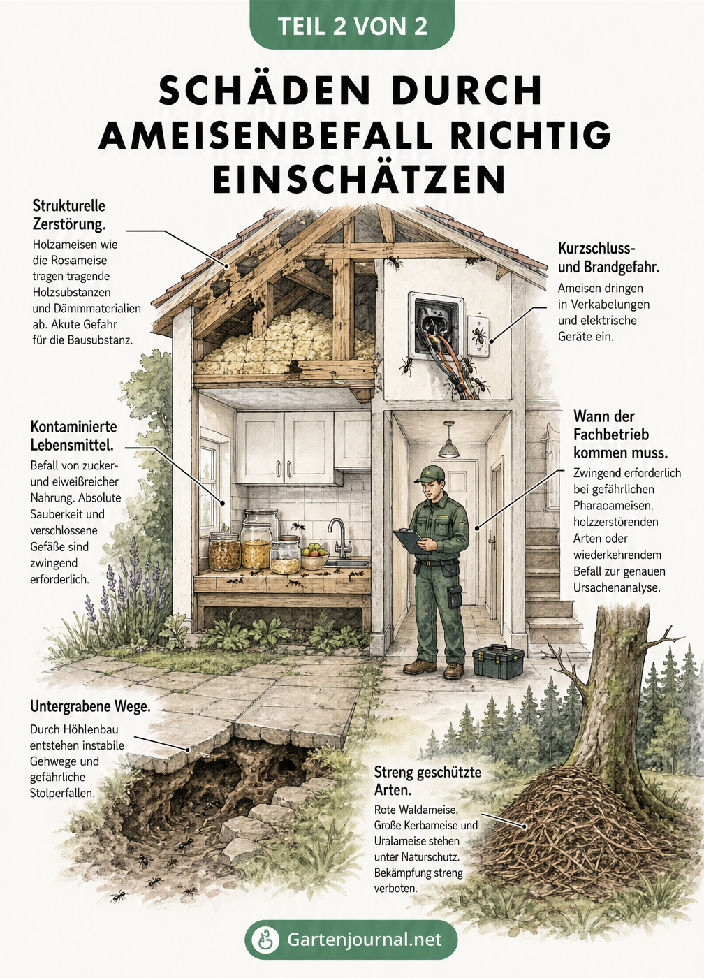 Querschnitt eines Hauses mit Darstellung typischer Schäden durch Ameisen an Holz, Kabeln und Wegen