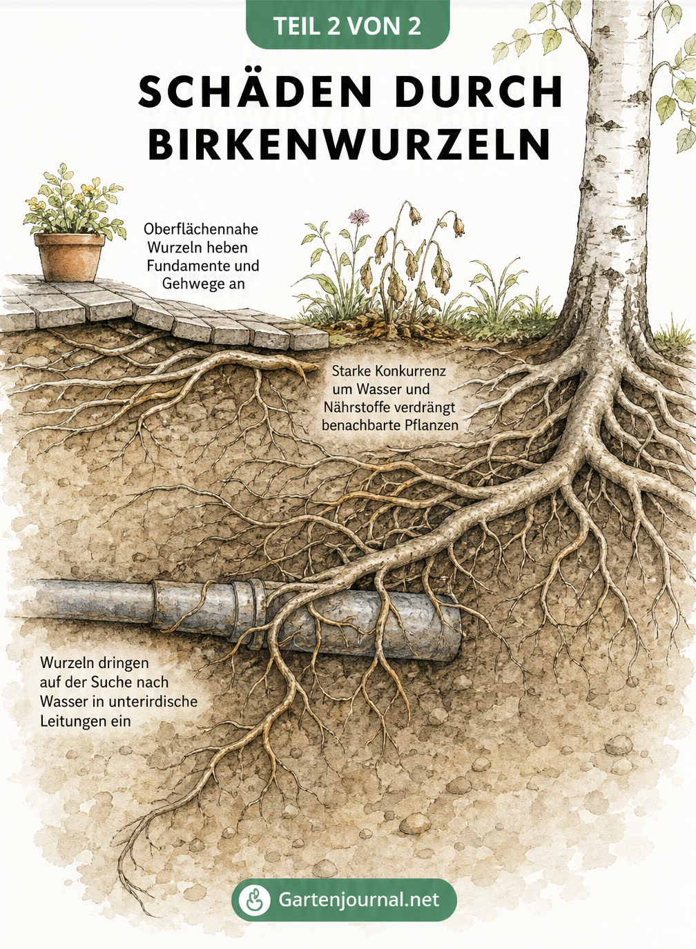 Querschnitt-Zeichnung von Schäden durch Birkenwurzeln an Pflastersteinen, unterirdischen Rohren und benachbarten Pflanzen.
