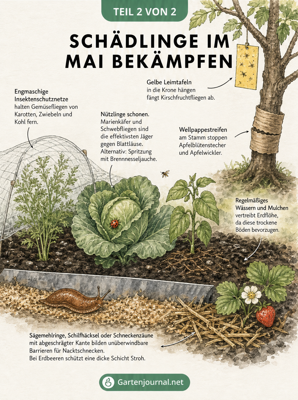 Illustration eines Gartenbeets mit Obstbaum und Tipps zur natürlichen Schädlingsbekämpfung im Mai