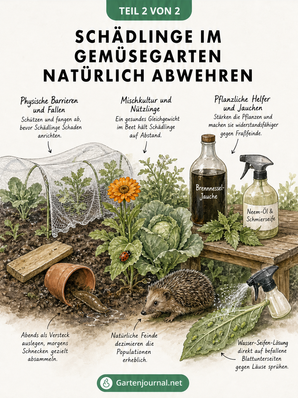 Gartenbeet mit natürlichen Abwehrmaßnahmen gegen Schädlinge wie Kulturschutznetz, Mischkultur und Pflanzenjauchen
