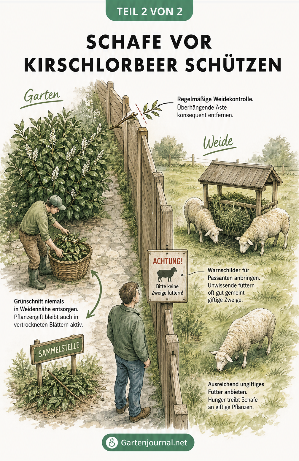 Skizze einer Weide neben einem Garten mit Kirschlorbeer, die Schutzmaßnahmen wie Zaun, Warnschild und korrekte Grünschnittentsorgung zeigt