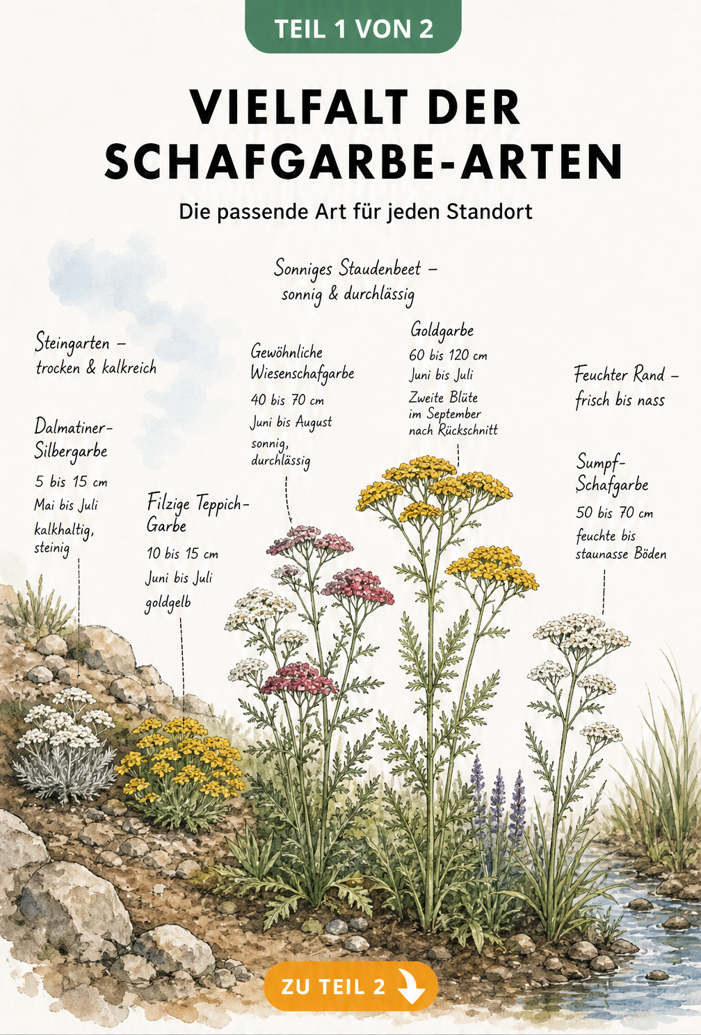 Illustration eines Gartenquerschnitts mit verschiedenen Schafgarbe-Arten in Steingarten, Staudenbeet und Uferzone