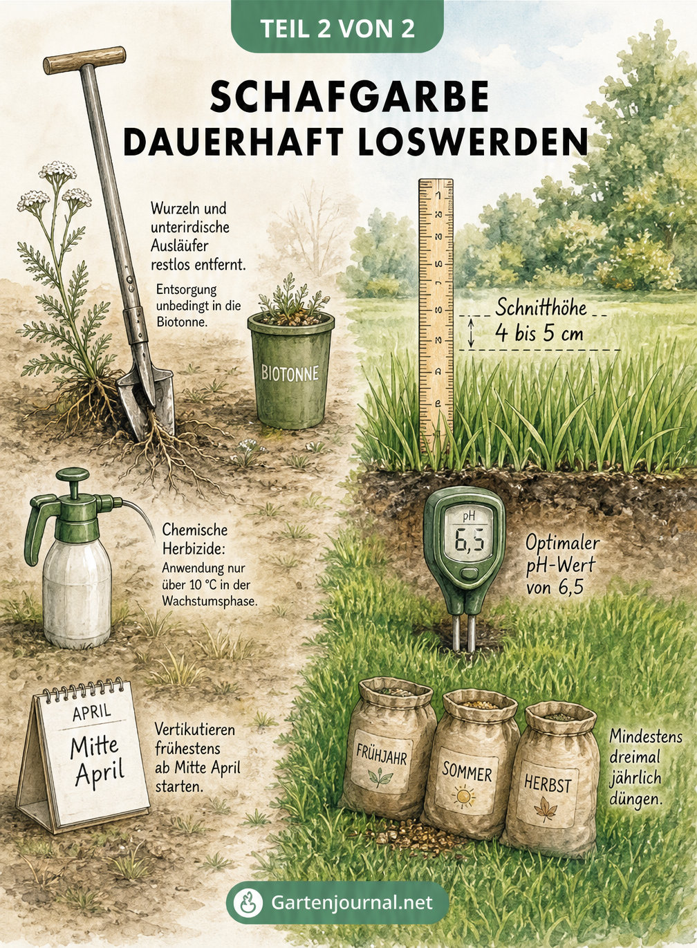 Illustration zur Bekämpfung von Schafgarbe: Vergleich zwischen befallenem und gesundem Rasen mit Pflegetipps