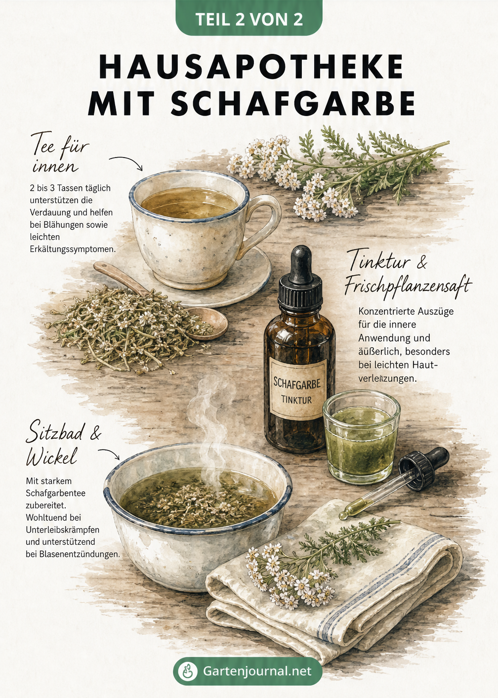 Illustration einer Hausapotheke mit Schafgarben-Tee, Tinktur, Presssaft und einem Sitzbad auf einem rustikalen Holztisch.