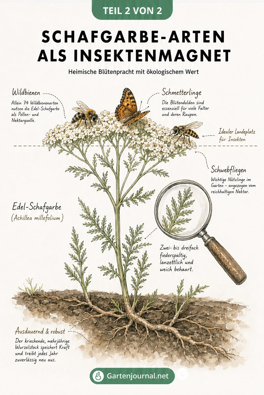 Botanische Zeichnung einer Edel-Schafgarbe mit Wurzelwerk und Insekten auf den Blüten