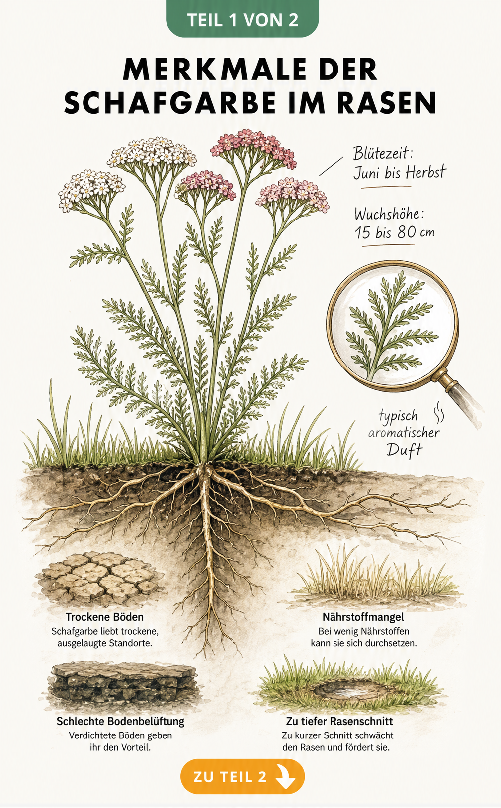Botanische Illustration der Schafgarbe mit Wurzelwerk und Wachstumsbedingungen im Bodenquerschnitt