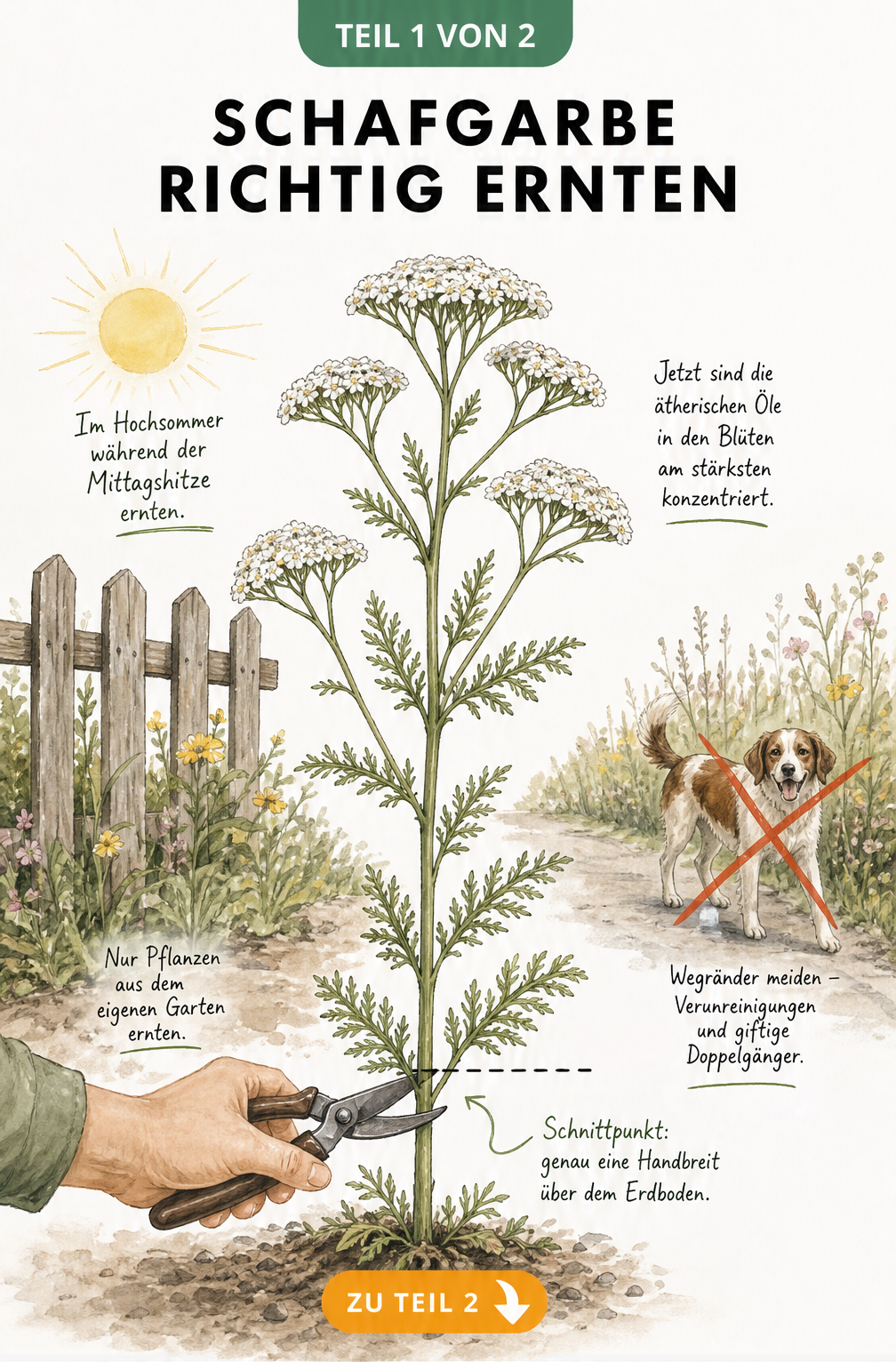 Botanische Illustration einer Schafgarbe mit Markierung für den richtigen Schnittpunkt eine Handbreit über dem Boden