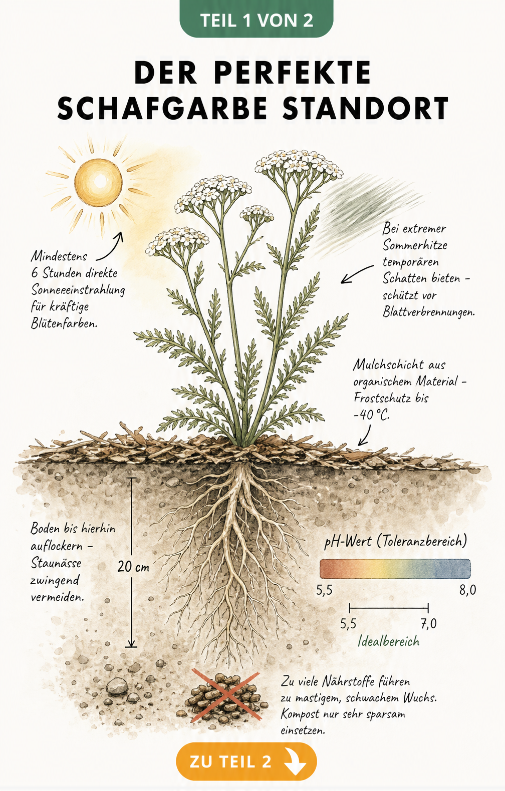 Botanische Querschnitt-Illustration einer blühenden Schafgarbe mit Wurzelwerk, die den idealen Standort mit Sonne, Bodenbeschaffenheit und pH-Wert zeigt.